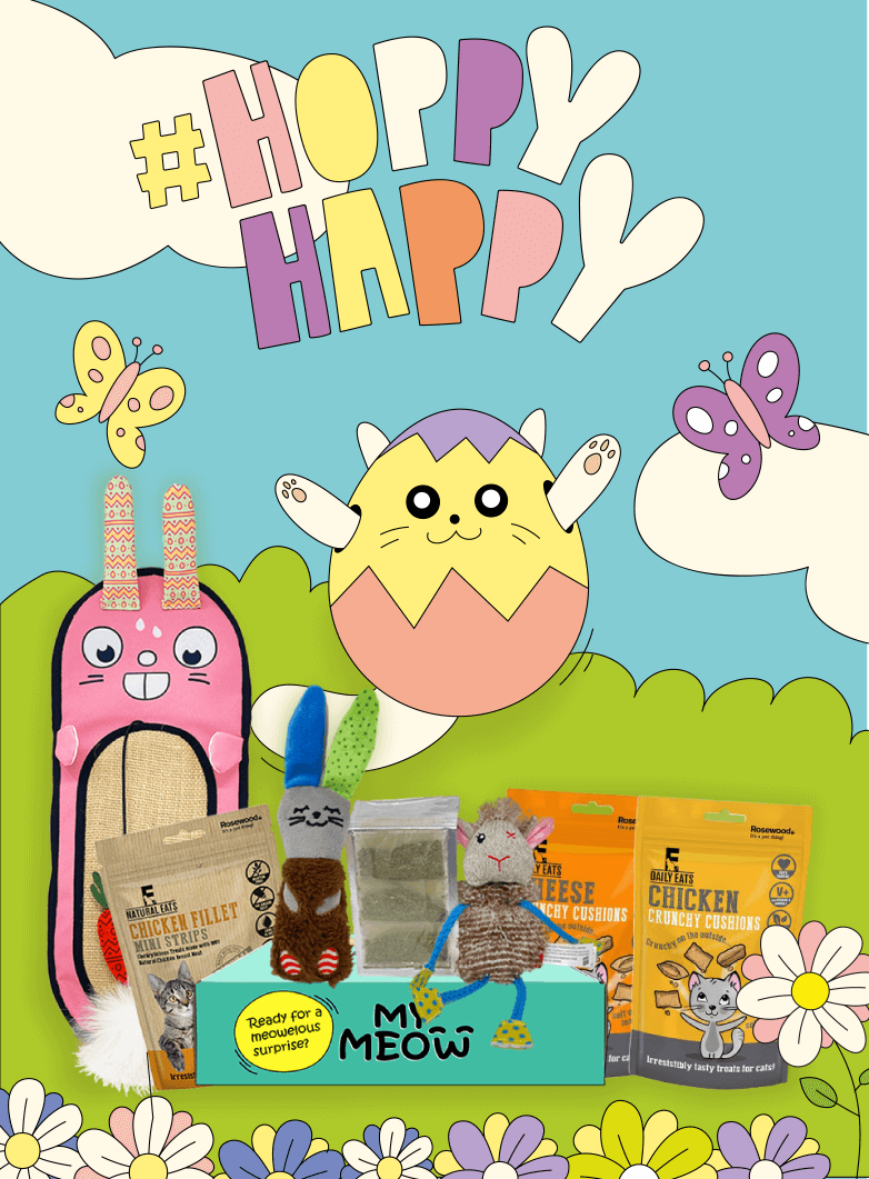 Photograph of Hoppy Happy themed MyMeow toys and treats