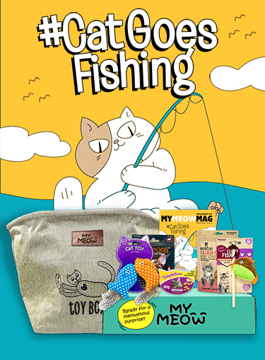 Photograph of Cat Goes Fishing themed MyMeow toys and treats