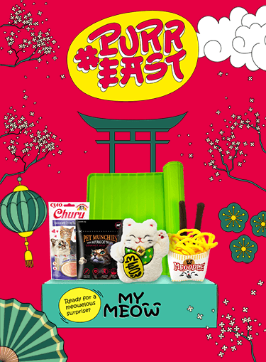 Photograph of Purreast themed MyMeow toys and treats