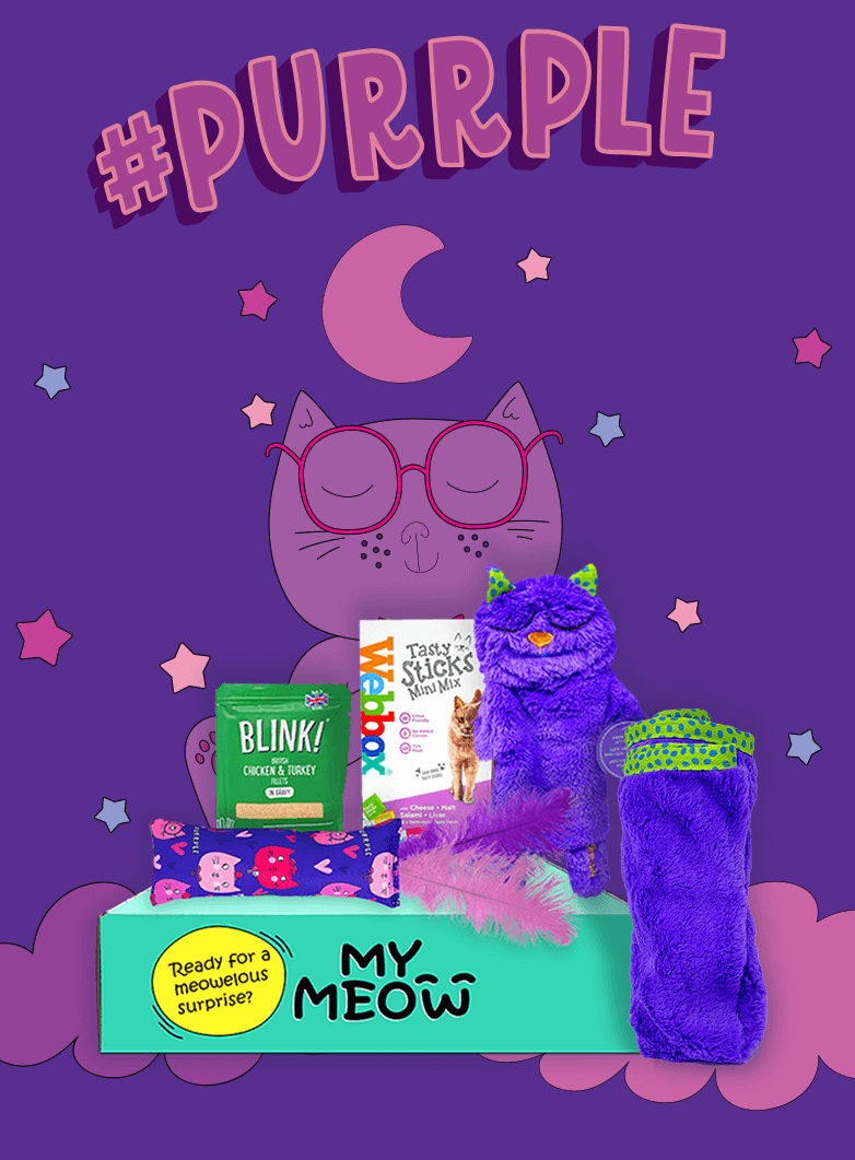 Photograph of PURRPLE themed MyMeow toys and treats